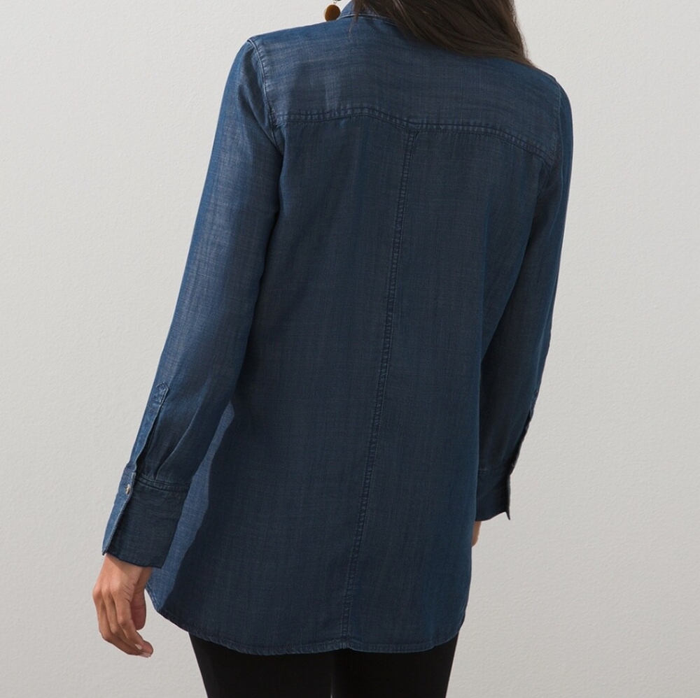 Chico's Touch of Cool Blue Denim Button-Up Tunic Shirt Pockets Size 8 Chico's 1 - Picture 5 of 9